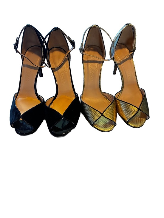 J. Crew Shoes - J.Crew Rylie Peep Toe Heels Bundle Black Velvet & Gold Italian Leather Size 7.5